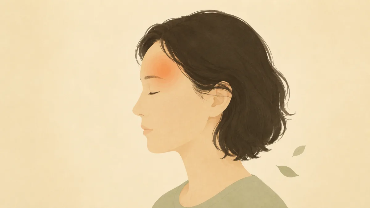 插畫：一位女性的側面，神情平靜、雙眼輕閉，左前額有一圈柔和而範圍侷限的暖色光暈，示意輕微、短暫的緊繃感。