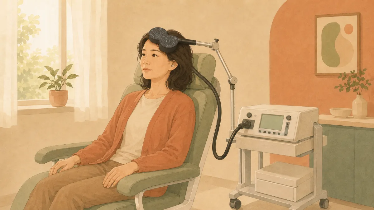 插畫：一位女性清醒地坐在治療椅上，神情平靜、穿著日常便服並配戴耳塞；八字形線圈由支臂固定於頭部，一旁的推車上放著刺激器主機。